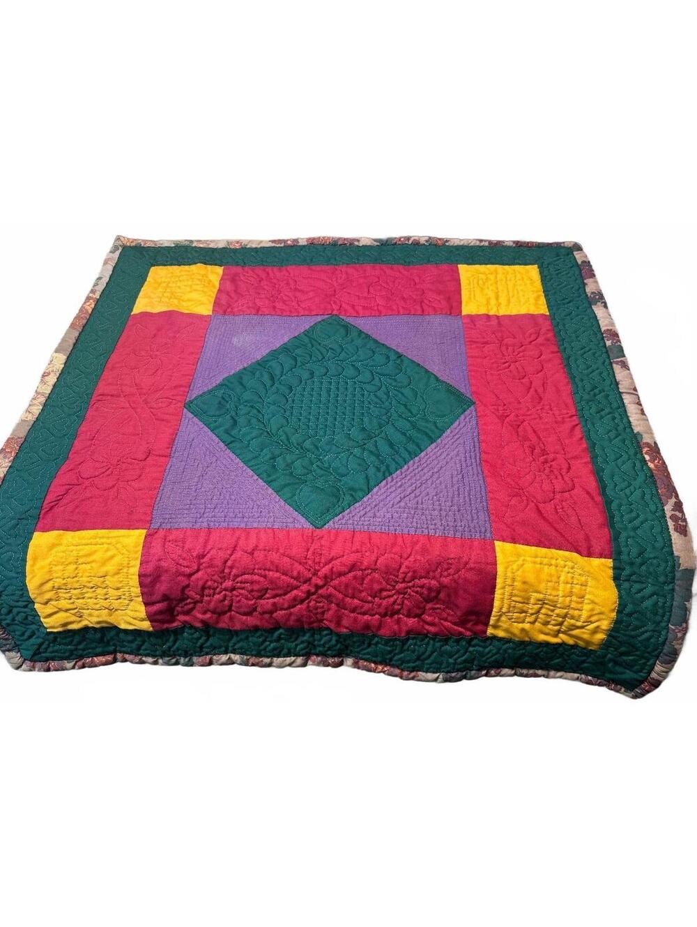 Vintage 35.75" x 35.75" Color Block Floral Backed Quilt Fabric Panel Decor